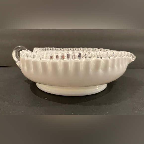 Vintage Fenton Heart Ruffle Silver Crest Milk Glass Candy Dish Bowl with Handle - Picture 4 of 4
